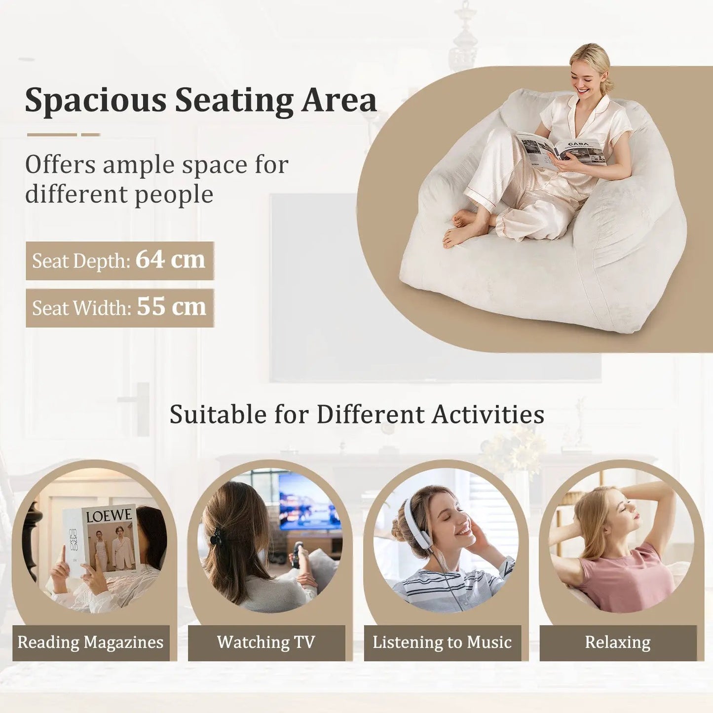 Bean Bag Chair Plush Lazy Sofa Beige velvet cover DirectDeals on Tampa Home & Garden Store