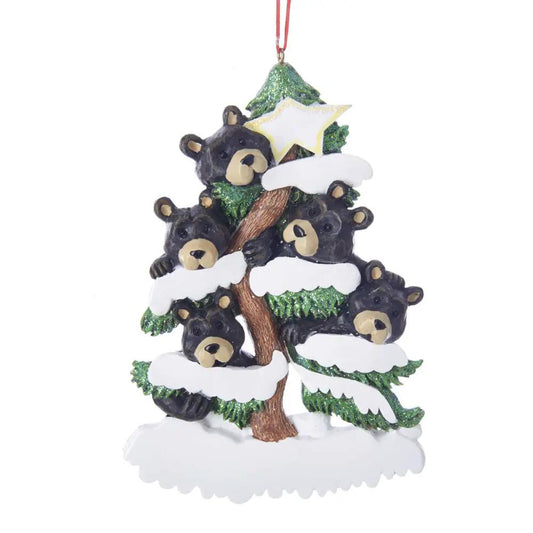 Bear Family on Tree Ornament Family of Five with five black bears on snowy glitter tree on Tampa Home & Garden Store