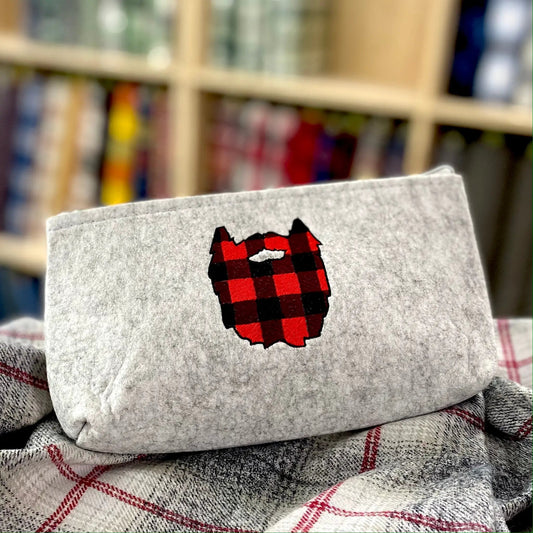 Beard Embroidered Zipper Pouch for Grooming Kit gray textured fabric with red plaid patch on Tampa Home & Garden Store
