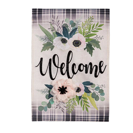 Burlap Garden Flag Floral Welcome with bouquet, plaid border, Evergreen Enterprises on Tampa Home & Garden Store