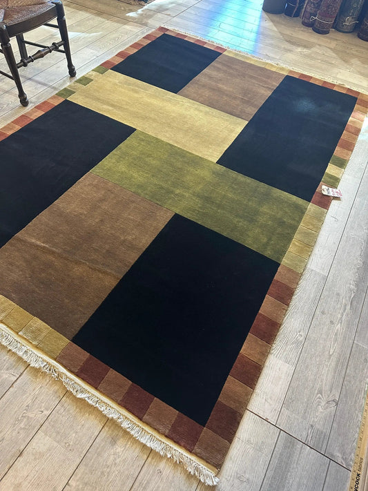 Hand Knotted Abstract Wool Area Rug 6 x 9 with navy, olive, tan blocks by Rugistan on Tampa Home & Garden Store
