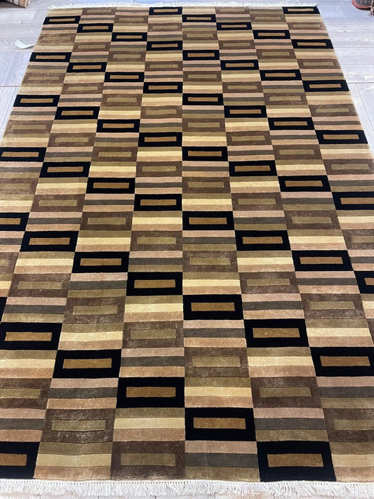 Hand-knotted Nepali Geometric Area Rug 6x9 ft in brown tan black rectangular blocks on Tampa Home & Garden Store