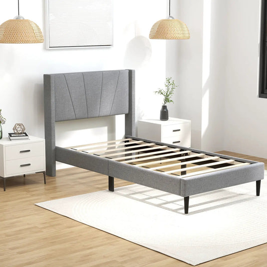 Twin/Queen bed frame with gray linen wingback headboard and slat foundation DirectDeals on Tampa Home & Garden Store