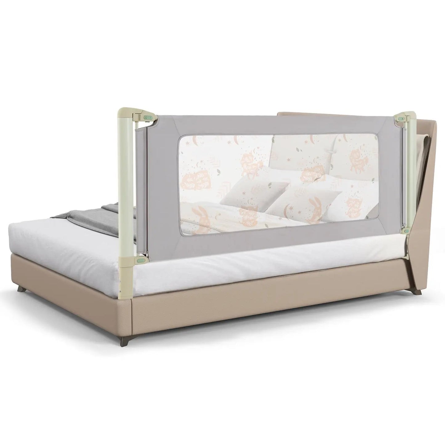 Vertical Lifting Bed Rail with Double Lock, cream frame gray mesh panel for toddler bed safety on Tampa Home & Garden Store