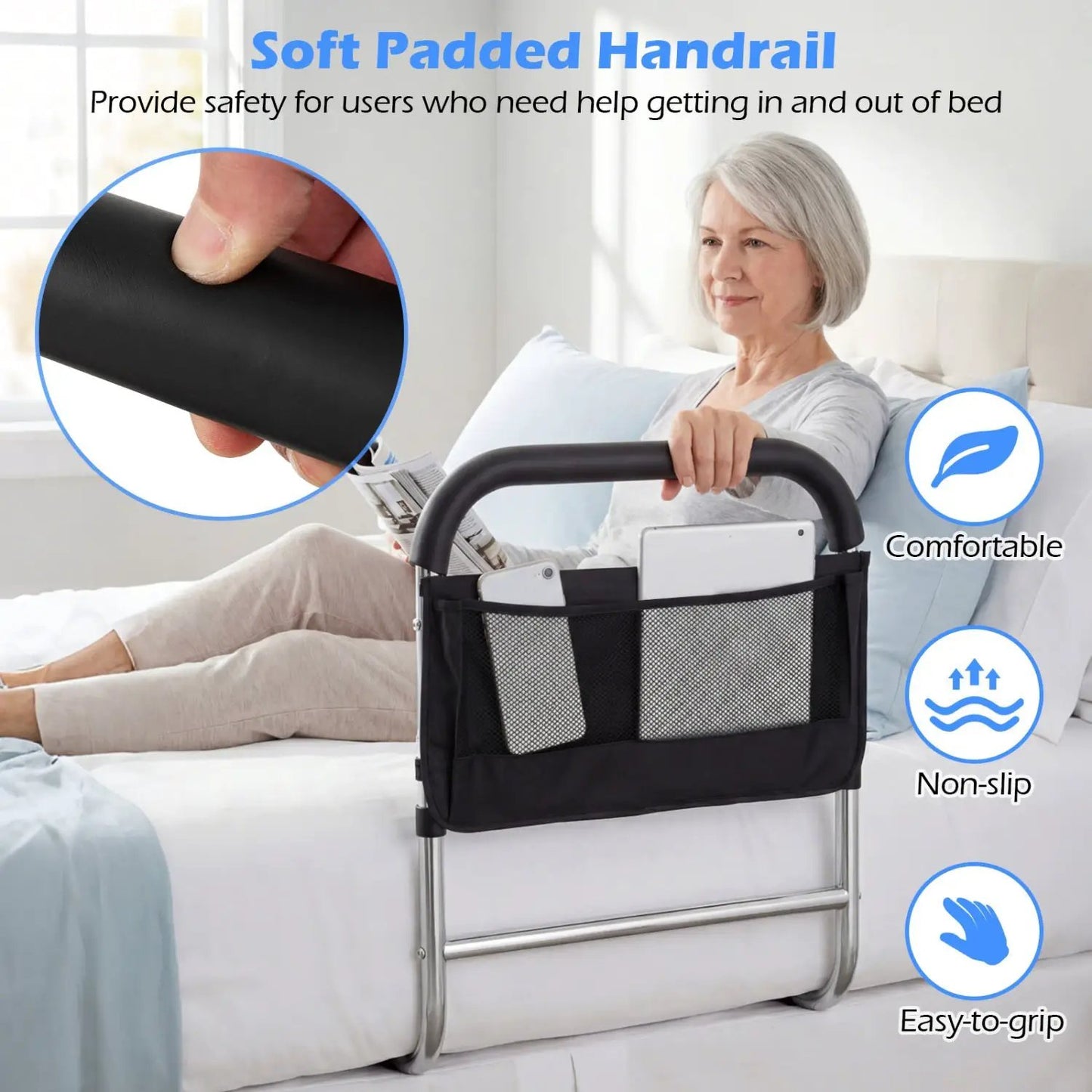 Soft padded bed rail with black grip; height adjustable with mesh organizer bag on bed frame on Tampa Home & Garden Store