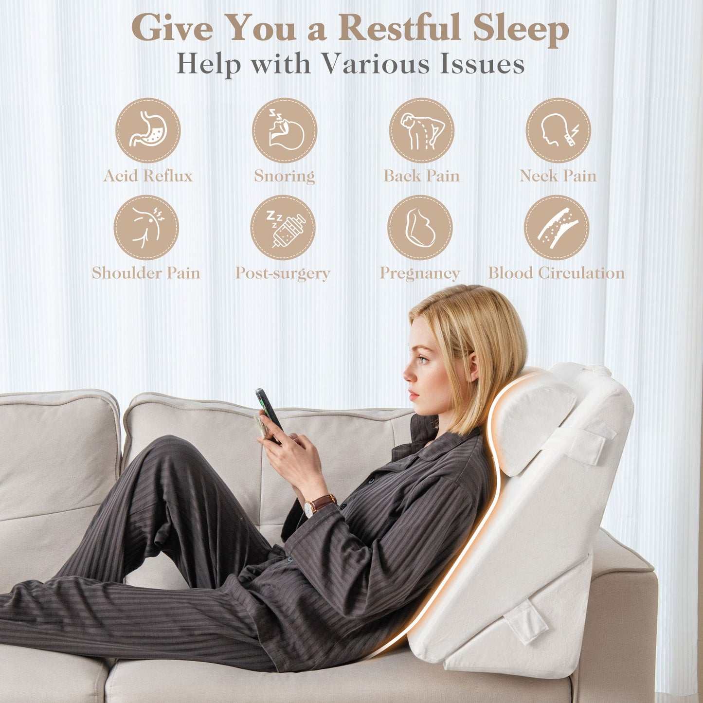 Juego de almohadas de cuña para cama de 3 piezas con espuma viscoelástica con aire - Blanco roto