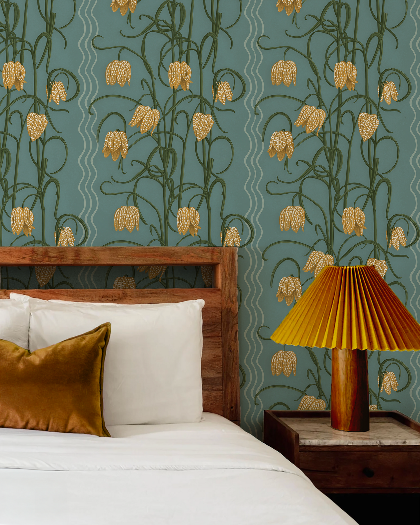 Campanas Wallpaper dusty blue background with yellow marigold floral vines and green stems on Tampa Home & Garden Store