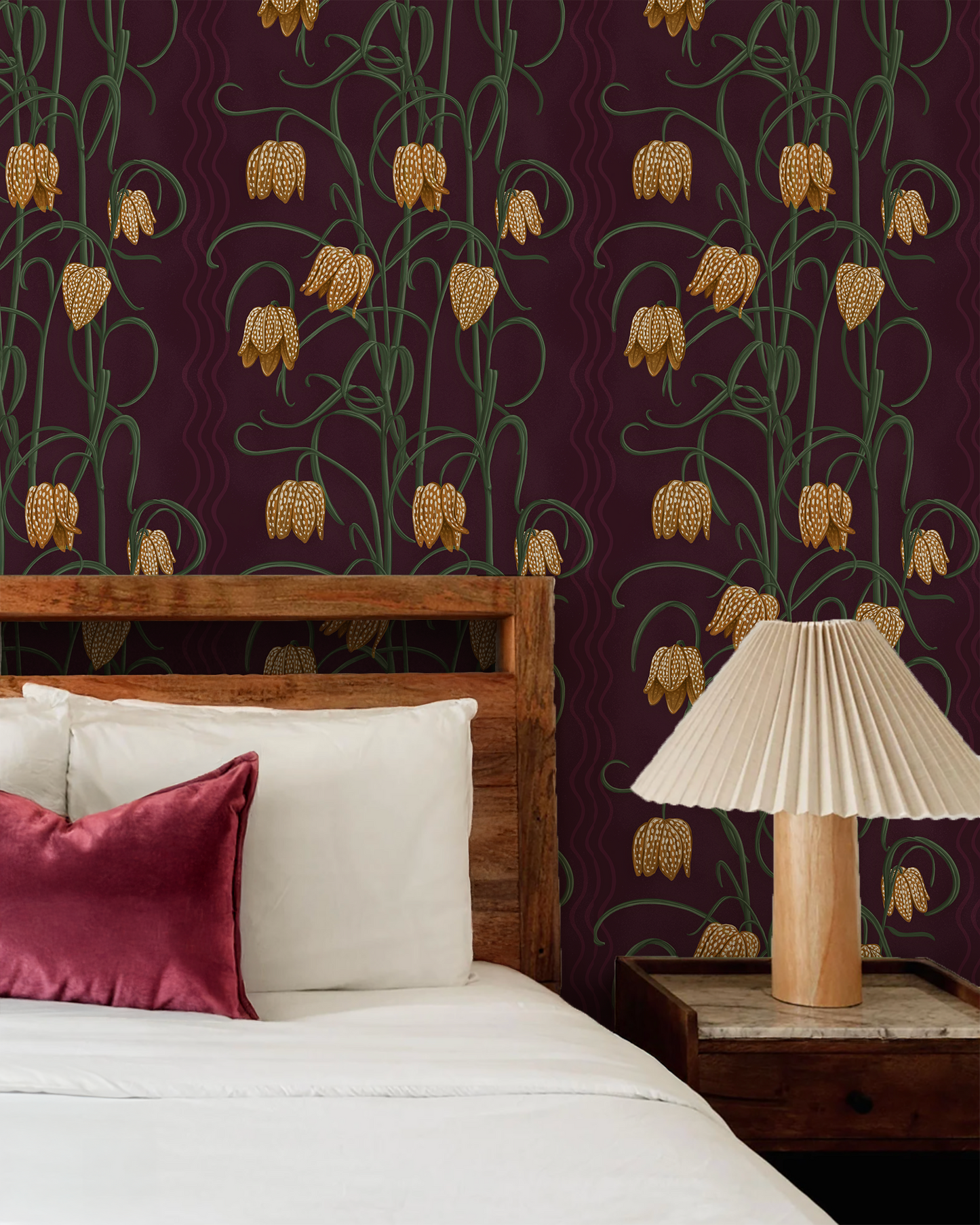 Campanas Wallpaper in Eggplant and Toffee with gold bell-shaped flowers and winding green vines on Tampa Home & Garden Store