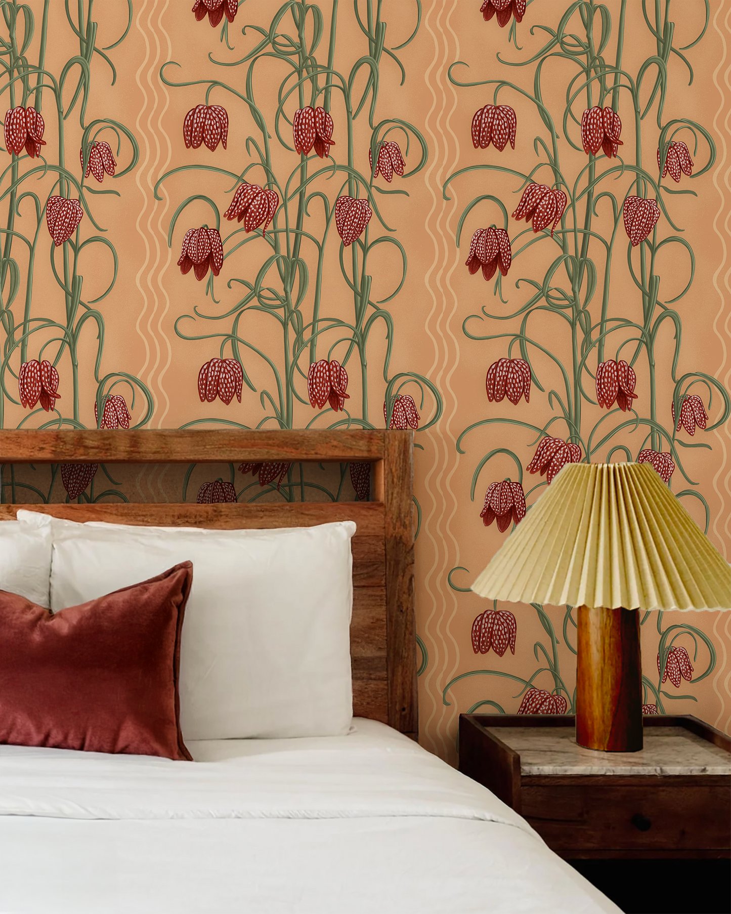 Wallpaper Campanas Peach Rust pattern with green vines and red bells on Tampa Home & Garden Store