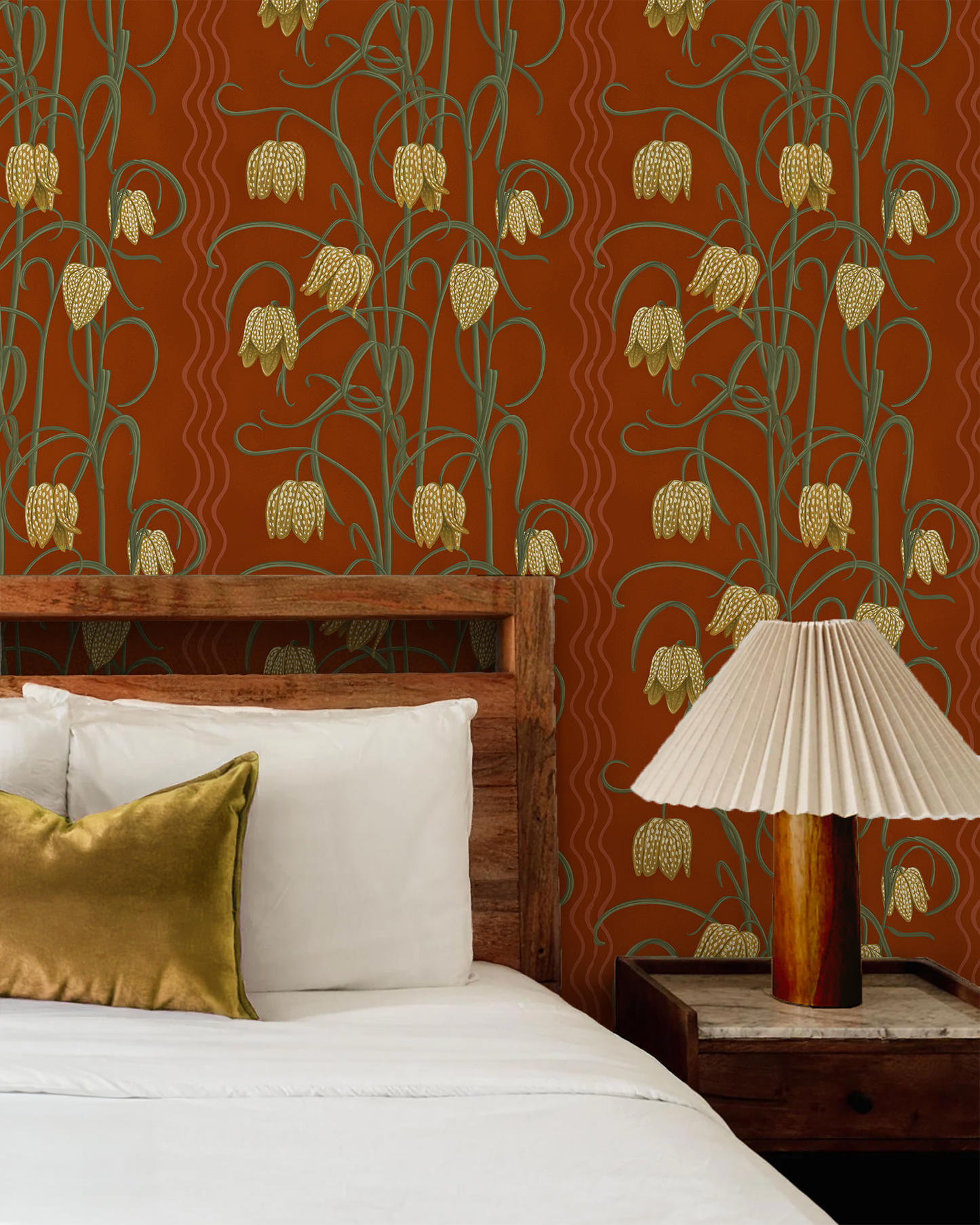Campanas Wallpaper rust background with yellow-beige bell flowers and curling vines pattern on Tampa Home & Garden Store
