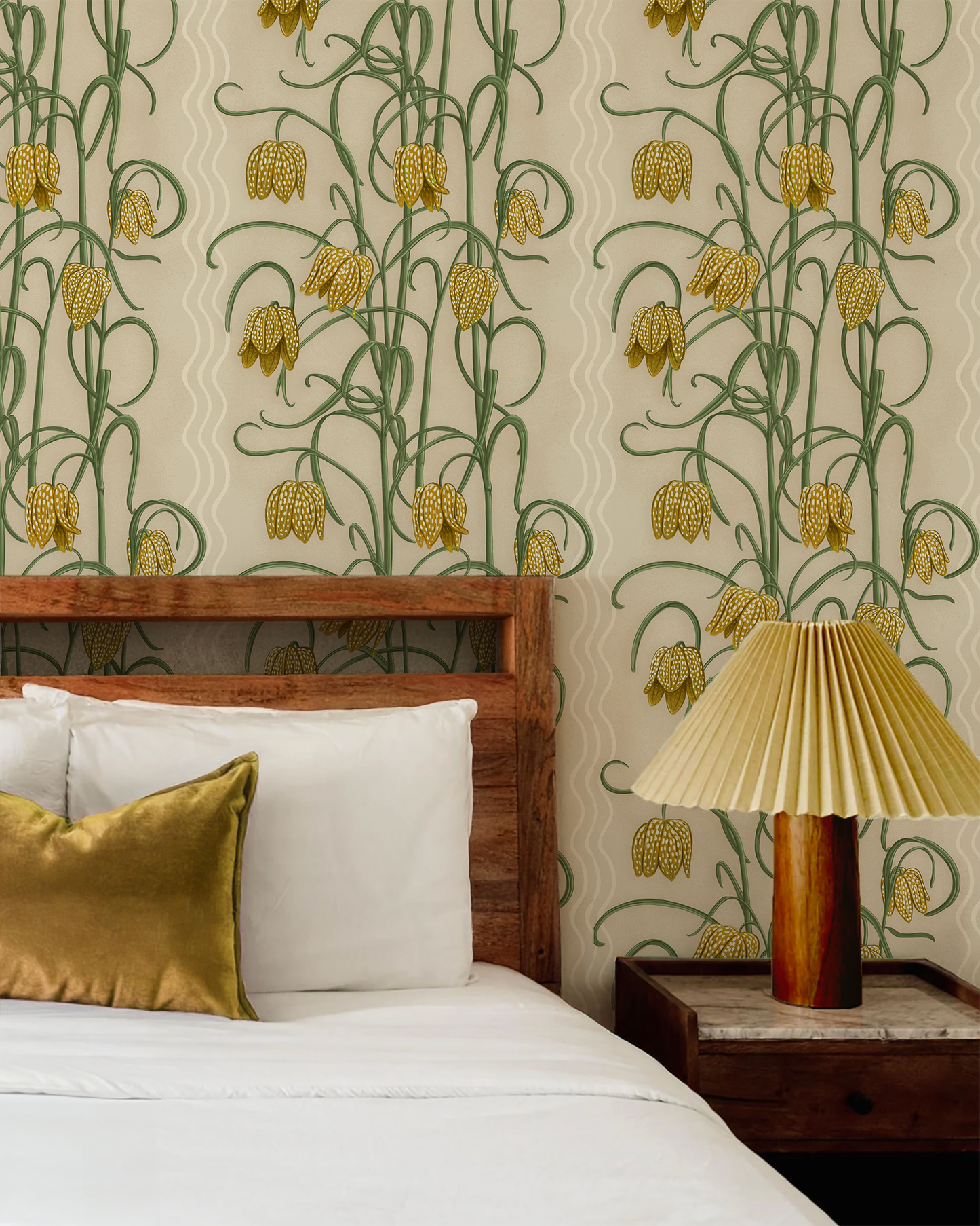 Campanas Wallpaper tan ocher floral stripes with vines and yellow bell blooms in a bedroom on Tampa Home & Garden Store