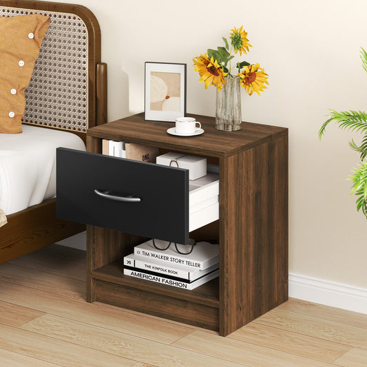 Bedside Table Nightstand with Drawer and Open Storage Shelf-Brown - Tampa Home & Garden Store