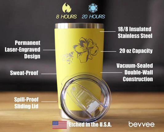 Bee Flower 20 oz Coffee Tumbler yellow stainless steel bevvee, floral bee design, spill-proof lid on Tampa Home & Garden Store