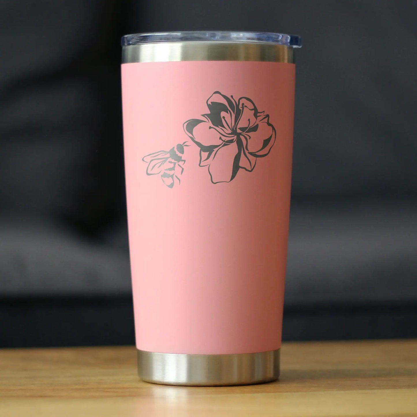 BevVee 20 oz pink tumbler with gray floral bee pattern on Tampa Home & Garden Store
