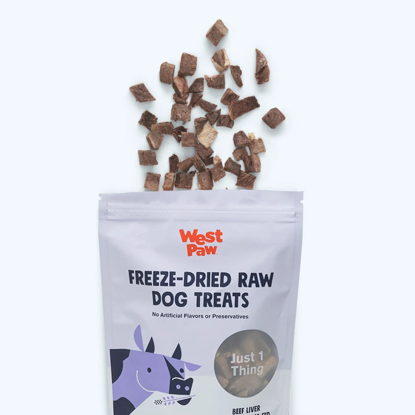 Beef Liver Freeze-Dried Dog Treats by West Paw; brown cube pieces above white West Paw pouch on Tampa Home & Garden Store