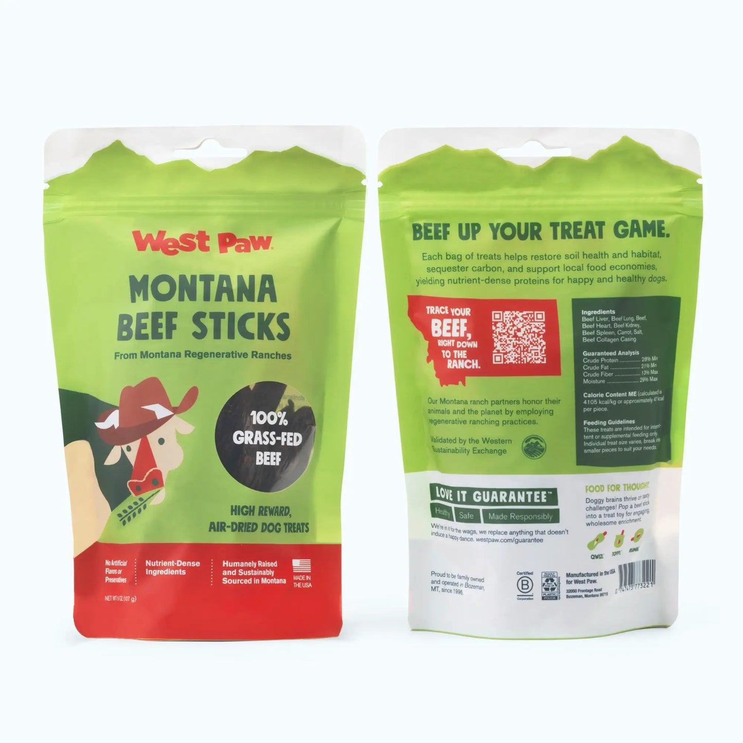 Two-pack Air-Dried Beef Sticks West Paw dog treat from regenerative ranches in Montana packaging on Tampa Home & Garden Store