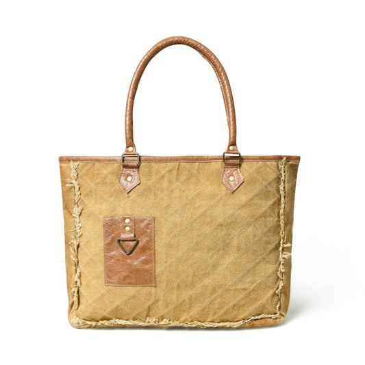 Leather handbag beige canvas tote with brown leather handles and rope-trim edges on Tampa Home & Garden Store