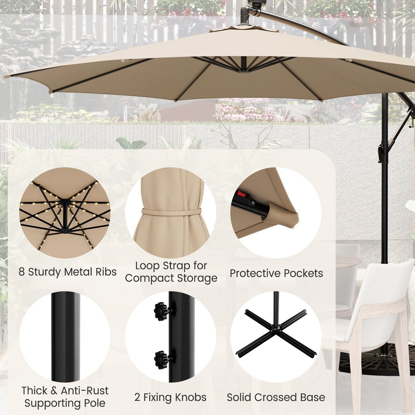 10 Feet Patio Offset Umbrella with 112 Solar-Powered LED Lights-Beige
