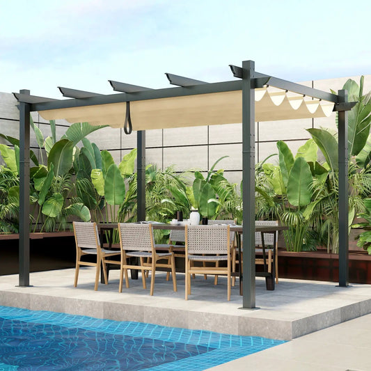 10 x 12 Feet Outdoor Aluminum Retractable Pergola Canopy Shelter Grape Trellis-Beige - Tampa Home & Garden Store