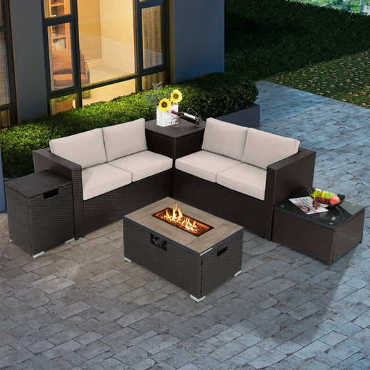 Six Piece Wicker Set with 32 Inch Fire Pit Table