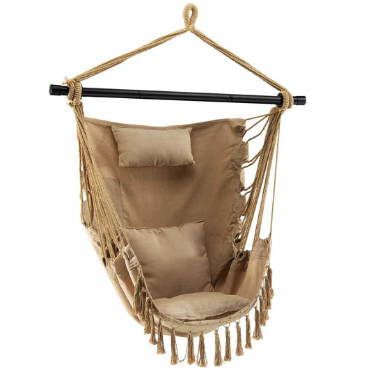 Hanging Rope Swing Chair With Soft Pillows by DirectDeals, beige cotton rope and cushions on Tampa Home & Garden Store