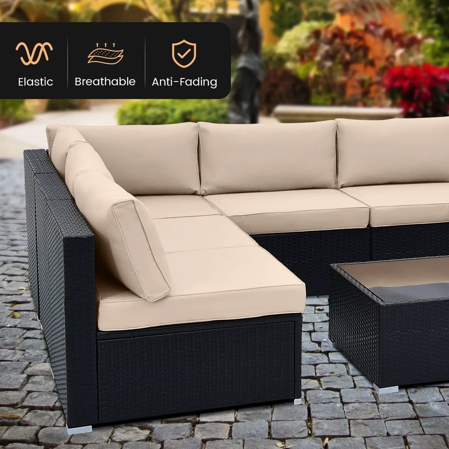 Outdoor wicker conversation set with tan cushions, 10pc, black frame on Tampa Home & Garden Store