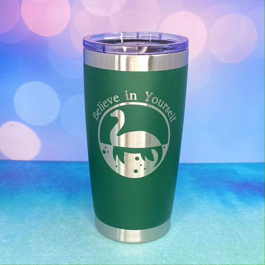 20oz Believe in Yourself Nessie tumbler, green powder-coated, double-walled with purple lid on Tampa Home & Garden Store