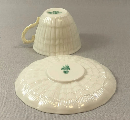 Belleek Sea Shell Pattern cup and saucer tea set, white porcelain with green backstamp on bottom on Tampa Home & Garden Store