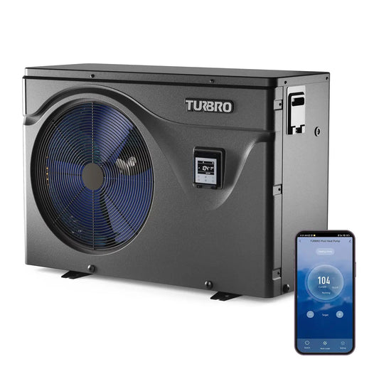 Beluga Inverter Pool Heat Pump TURBRO in gray metal housing with blue fan, 58K BTU, app control on Tampa Home & Garden Store