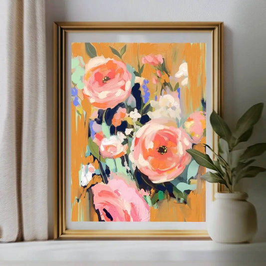 Beneath Apricot Skies art print Mai Autumn, warm peach blossoms on backdrop in gold frame on Tampa Home & Garden Store