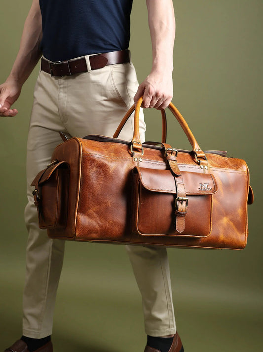Berlin Leather Weekender Duffle Bag with top handles and front pocket brass hardware on Tampa Home & Garden Store