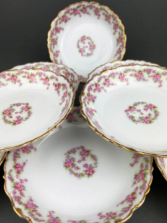 Limoges Elite Berry Bowls, 5-inch, pink rose pattern with scalloped gold rims, set of eight on Tampa Home & Garden Store