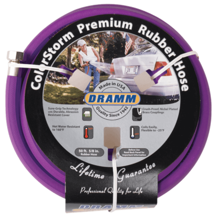 Dramm ColorStorm premium rubber garden hose 50 ft in purple with Dramm branding on Tampa Home & Garden Store