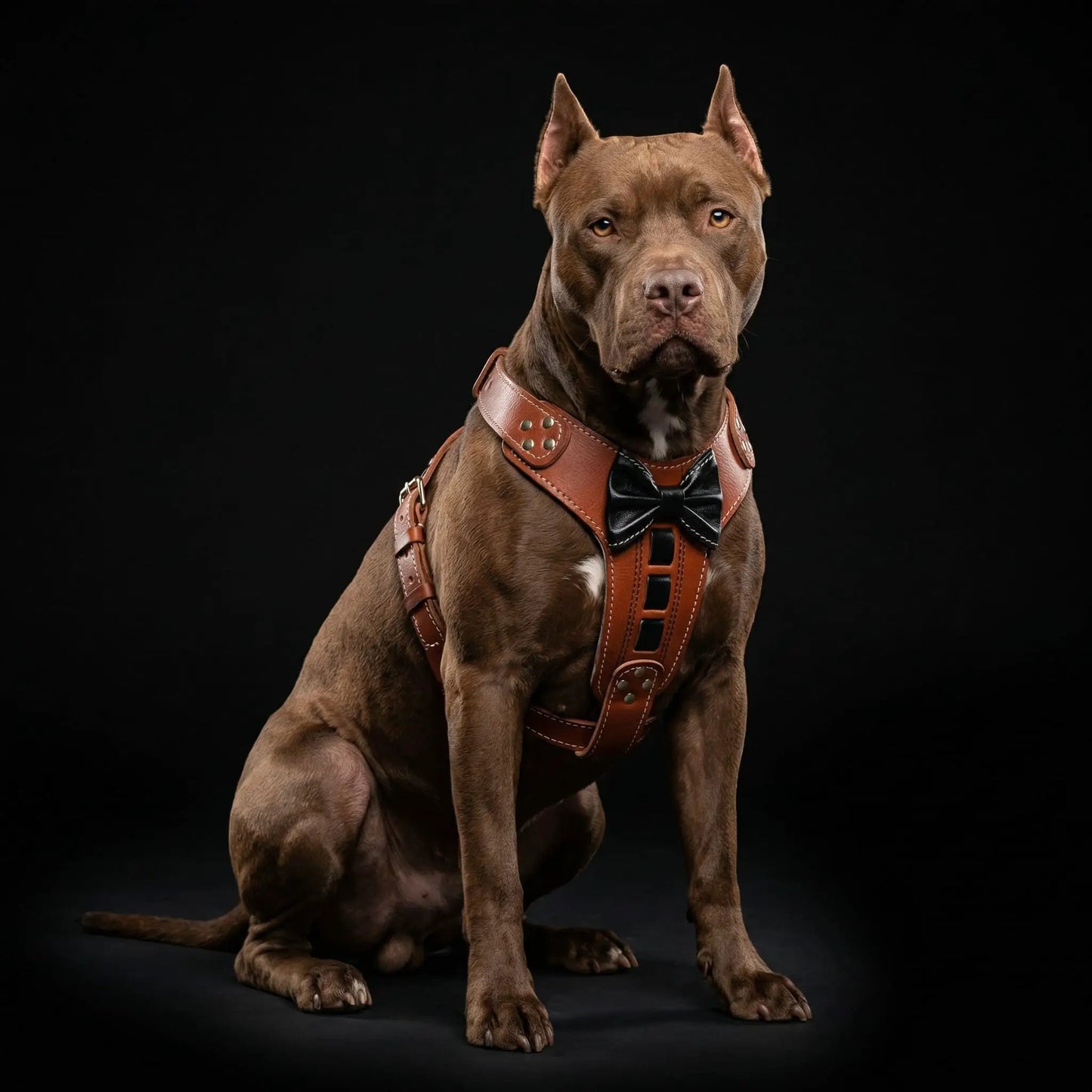 Bestia Bowtie leather dog harness with brown straps and metal studs on Tampa Home & Garden Store