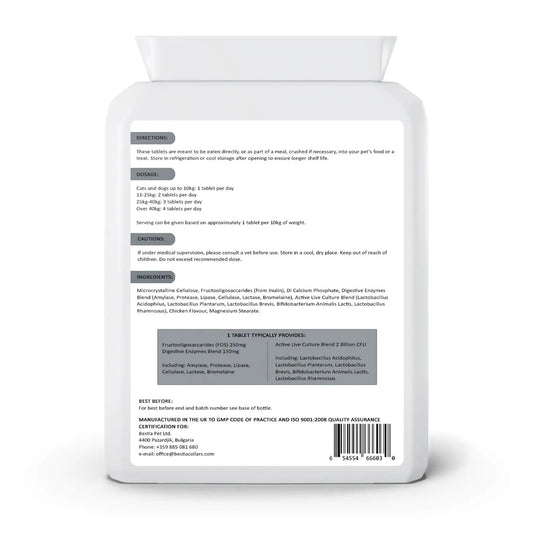 Bestia Dog Sport Probiotics for Dogs supplement bottle, white plastic with label on Tampa Home & Garden Store