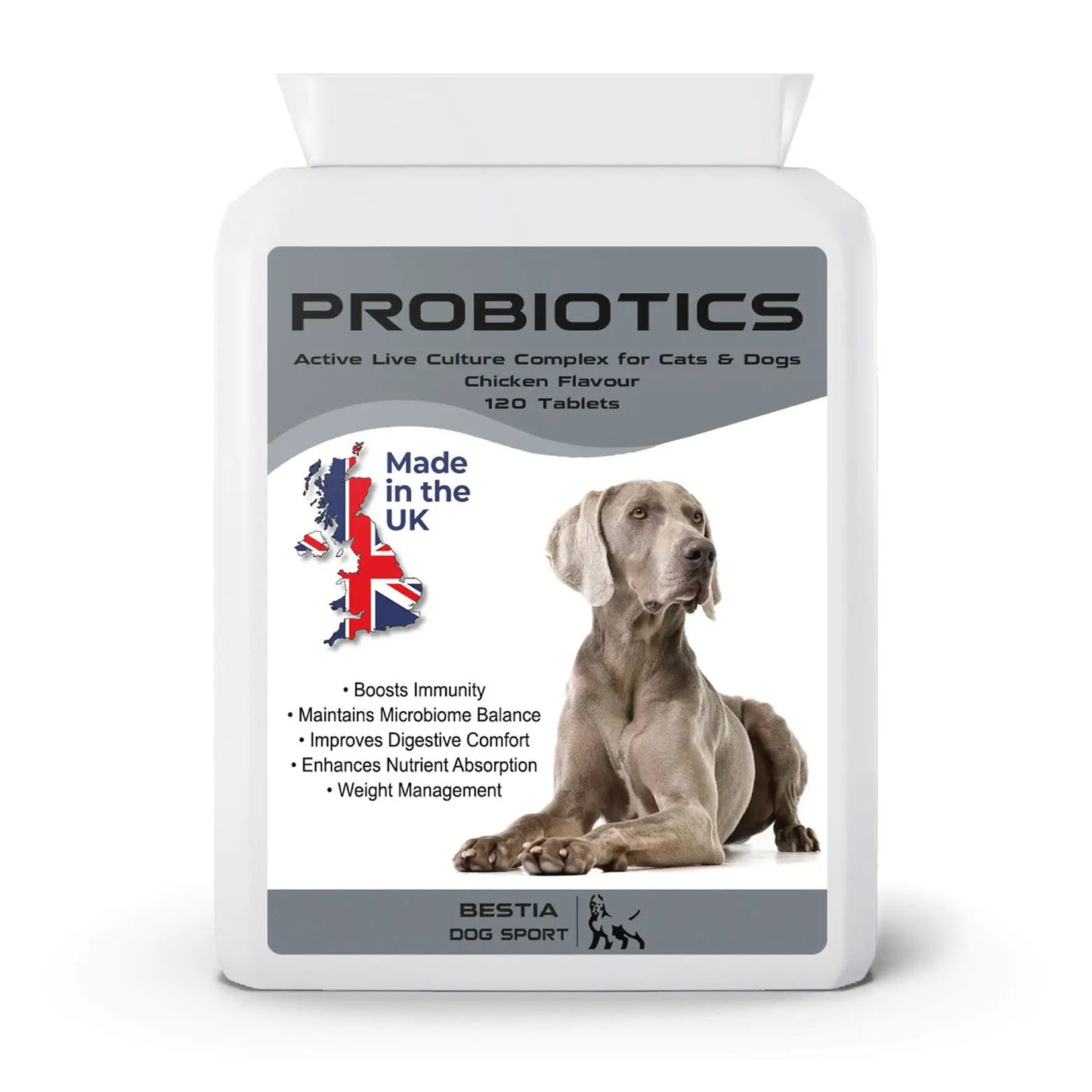 Bestia Dog Sport Probiotics bottle, chicken flavour, 120 tablets, Made in the UK on Tampa Home & Garden Store