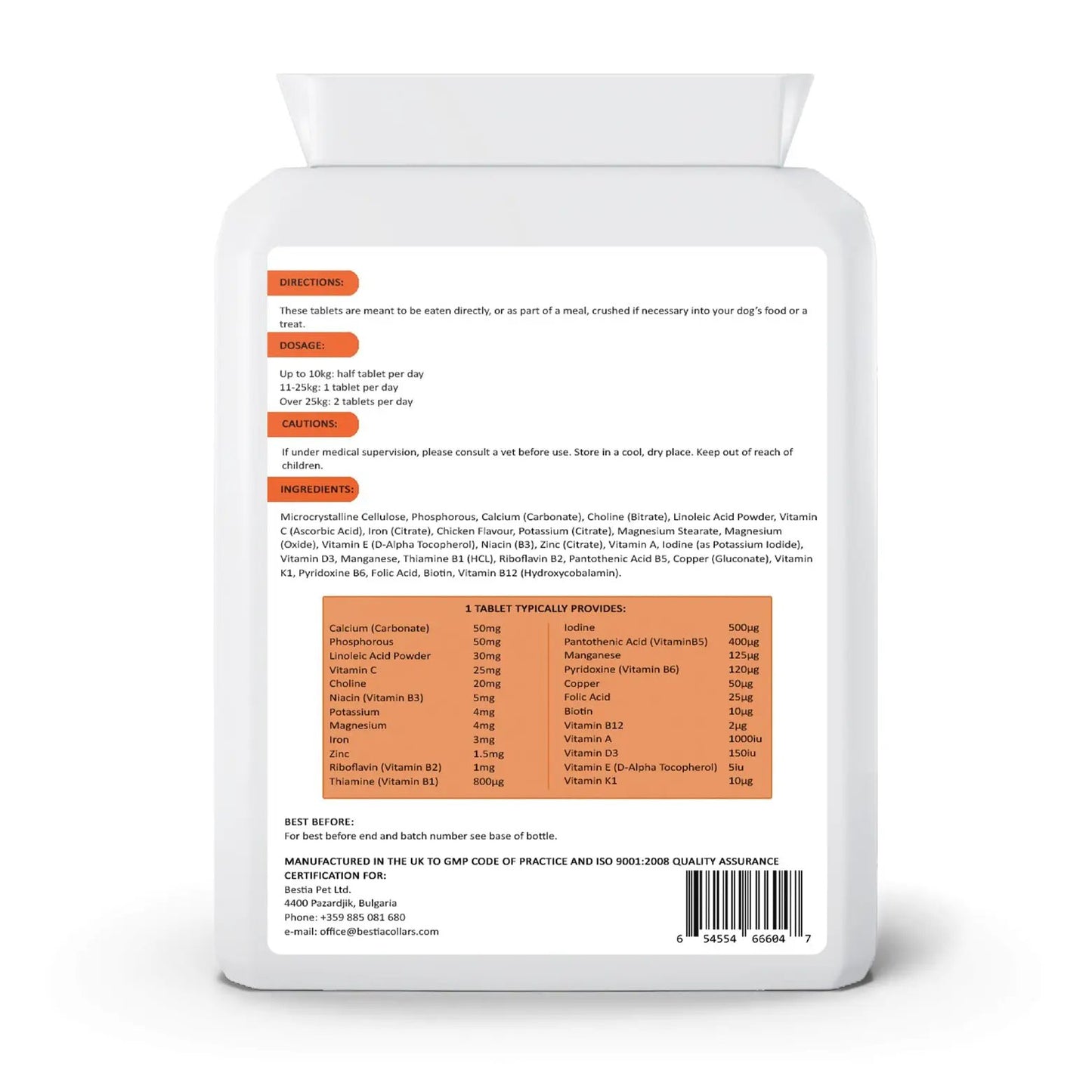 Bestia Dog Sport VitaMAX chewable multivitamin bottle, white container with orange label on Tampa Home & Garden Store