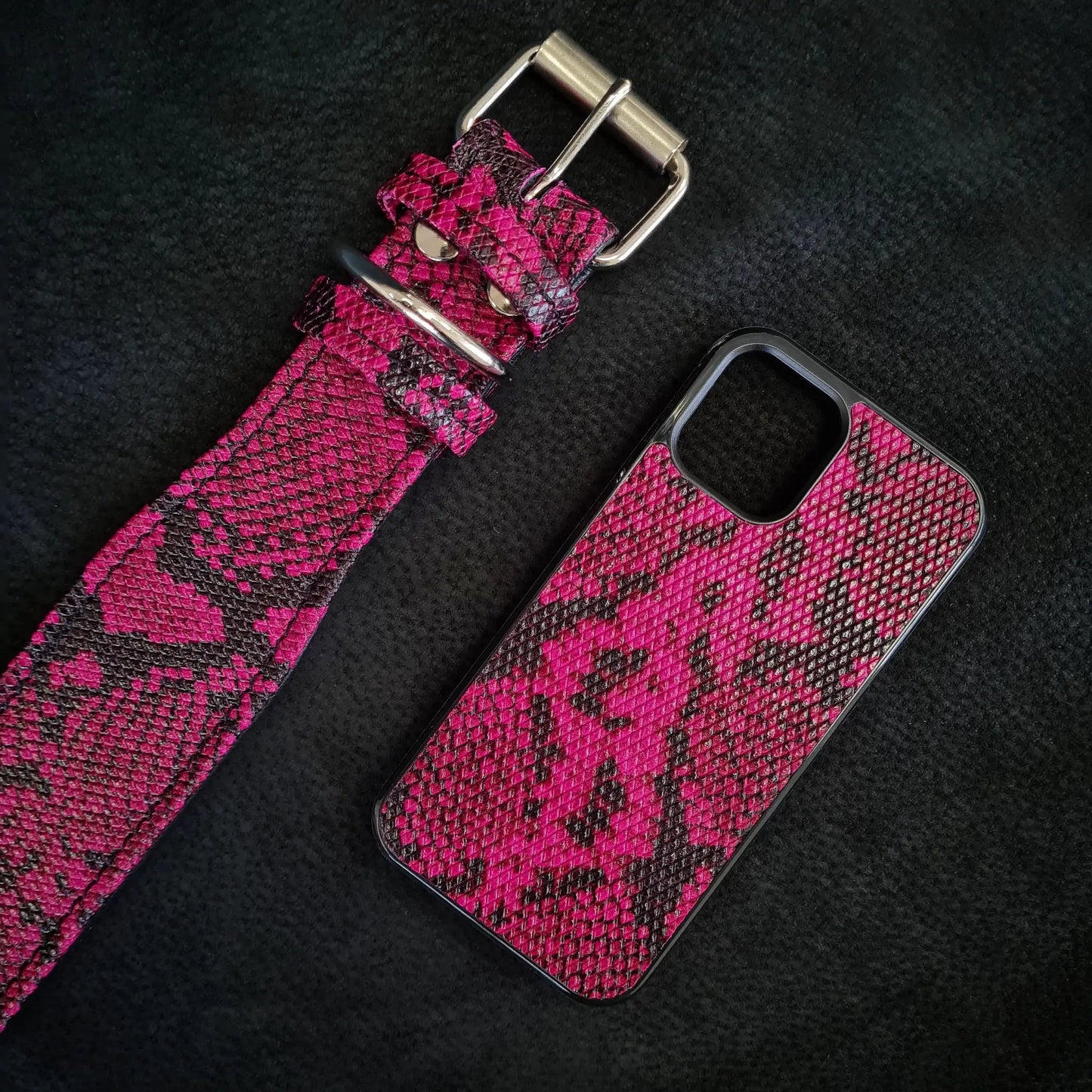 Bestia Rock Python pink iPhone 12 case with pink snakeskin texture and metal buckle strap on Tampa Home & Garden Store
