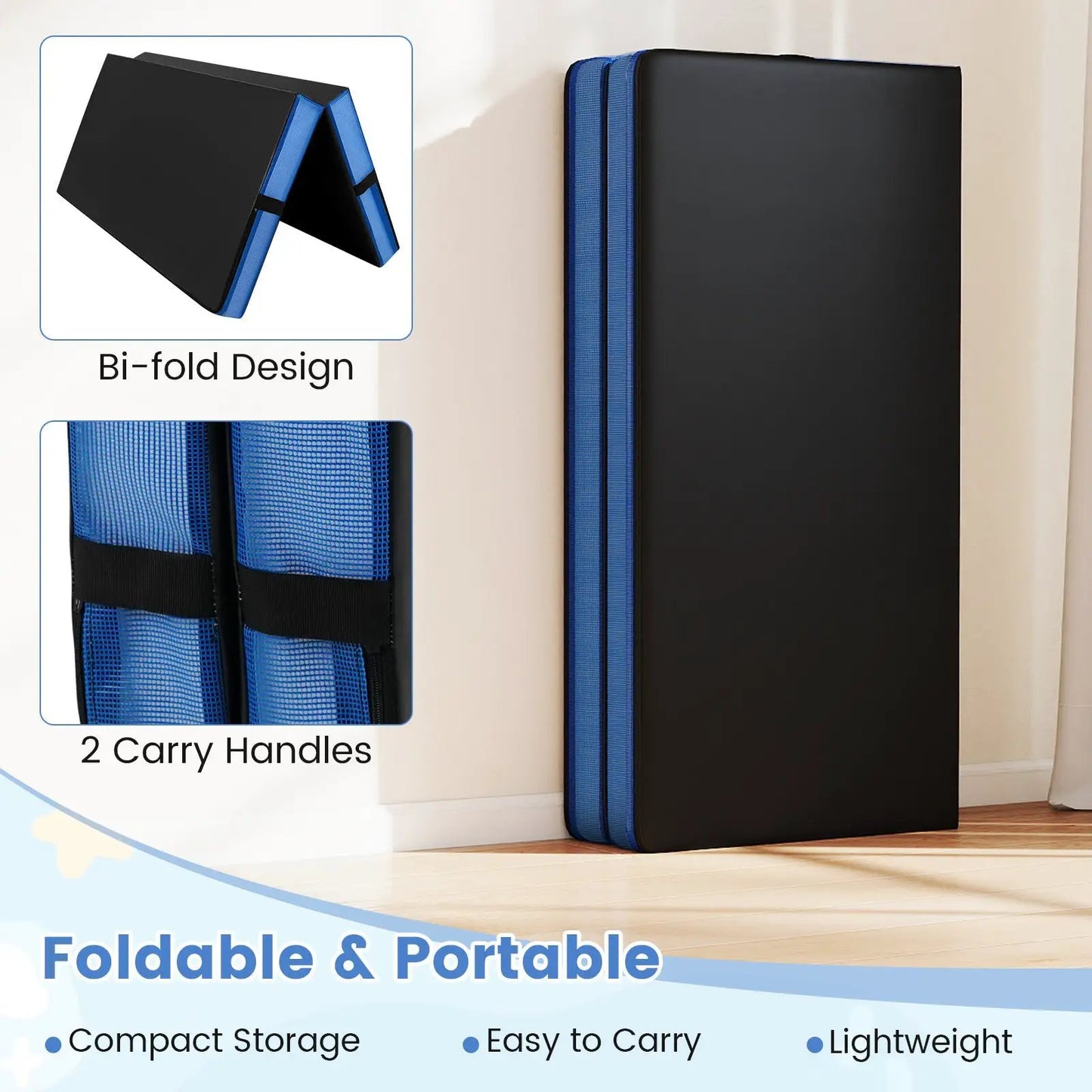 Bi-fold gymnastics mat black surface with two blue carrying handles on Tampa Home & Garden Store