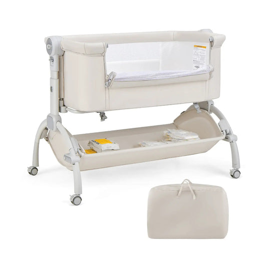 3-in-1 Baby Bassinet by DirectDeals on beige wheeled stand with mesh sides and storage shelf on Tampa Home & Garden Store