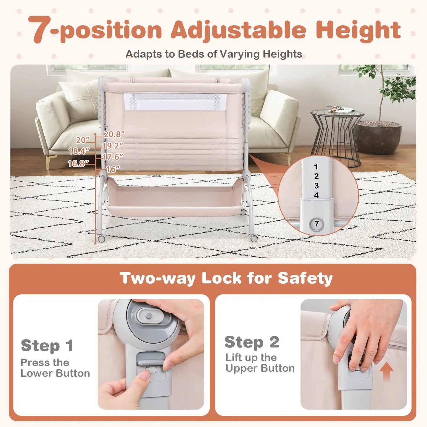 3-in-1 Baby Bassinet DirectDeals with double-lock design, pink fabric, 7-position height on Tampa Home & Garden Store