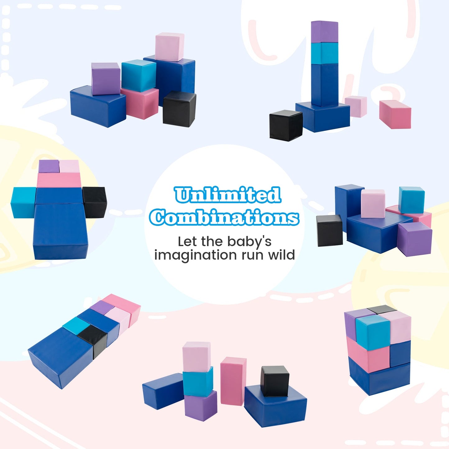 7-Piece DirectDeals foam building blocks set for toddlers in blue pink purple and black on Tampa Home & Garden Store
