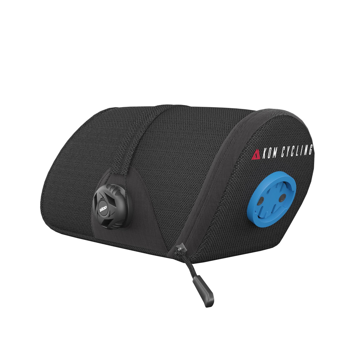 Saddle bag by KOM Cycling, black fabric with blue round attachment plate and logo on Tampa Home & Garden Store