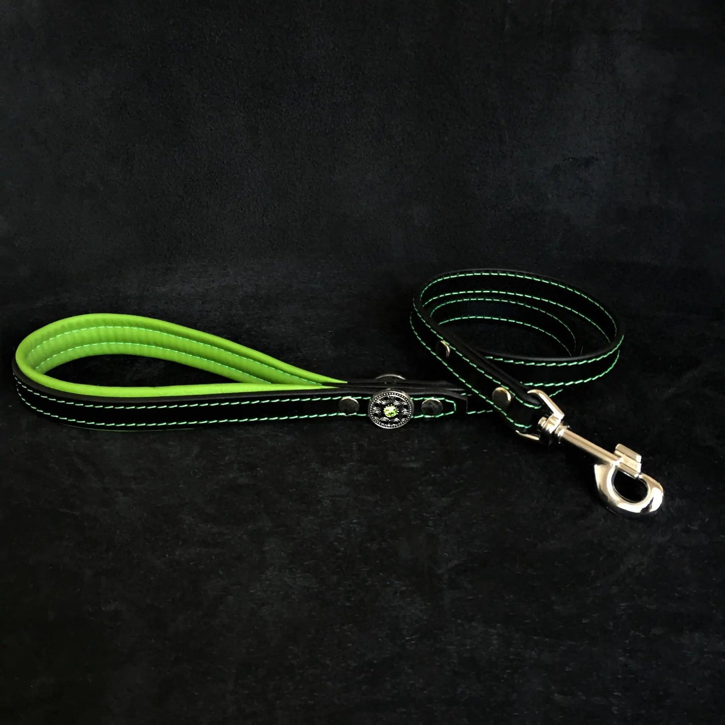Bijou leather lead in vivid green with neon stitching by Bestia Dog Gear for everyday walks on Tampa Home & Garden Store
