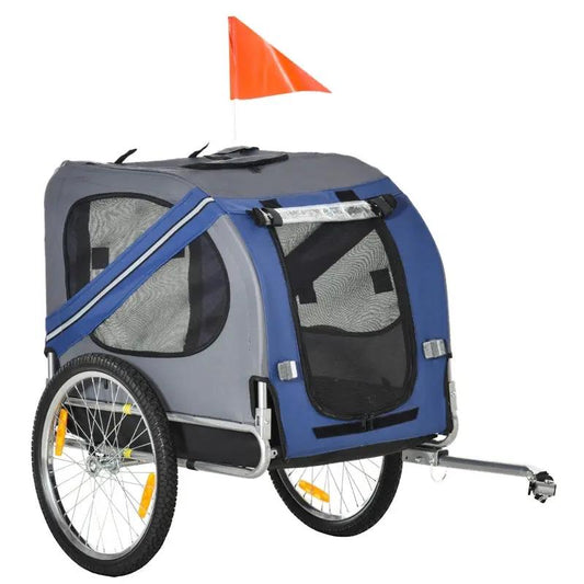 Bike Trailer for Dogs and Pets Travel blue fabric with mesh panels and flag, two-wheel on Tampa Home & Garden Store