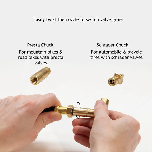BikePro Presta Tire Pressure Gauge 60 PSI being assembled by hands with brass valve adapters on Tampa Home & Garden Store