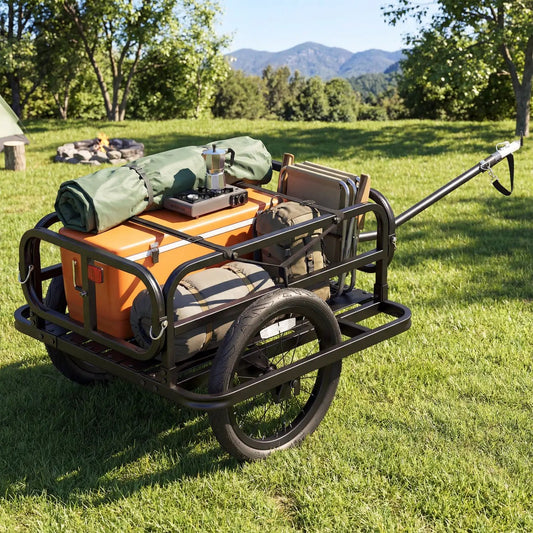 Bike Cargo Trailer with Universal Hitch, black frame with orange storage box and camping gear on Tampa Home & Garden Store