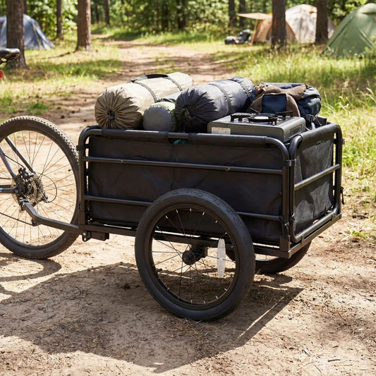 Bike cargo trailer with bag and cover, loaded with multiple rolled bags and camping gear on Tampa Home & Garden Store