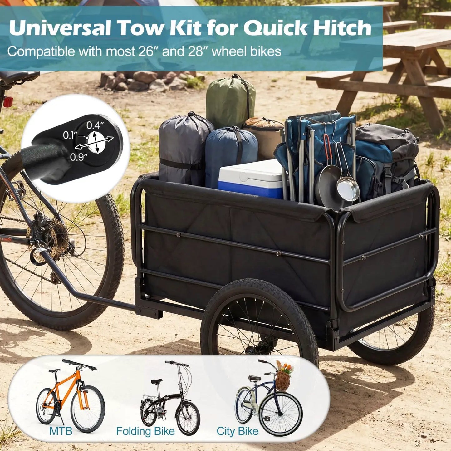 Bike cargo trailer DirectDeals heavy-duty black with bag and cover loaded with camping gear on Tampa Home & Garden Store