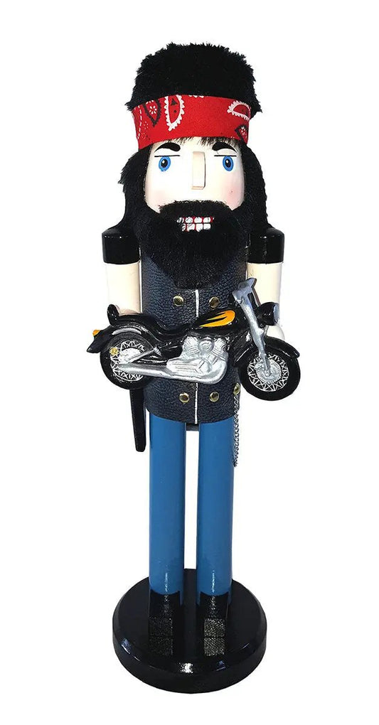 Biker Nutcracker with Bandana and Jacket, wooden figure in blue pants holding a motorcycle on Tampa Home & Garden Store